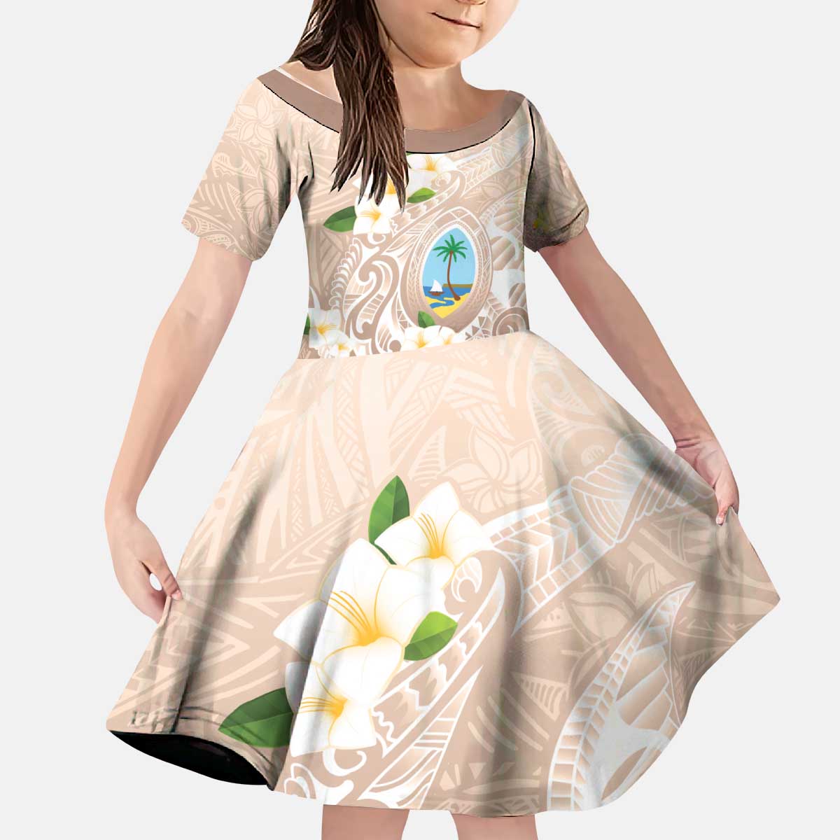 Guam Fishhook Mix Guasali Flowers Kid Short Sleeve Dress Dreaming Hazel LT7 KID Beige - Polynesian Pride