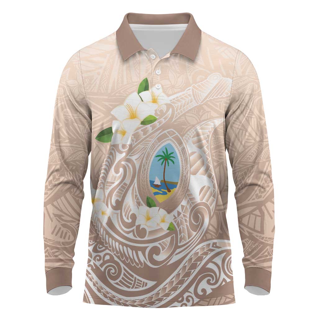 Guam Fishhook Mix Guasali Flowers Long Sleeve Polo Shirt Dreaming Hazel LT7 Beige - Polynesian Pride