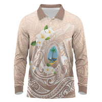 Guam Fishhook Mix Guasali Flowers Long Sleeve Polo Shirt Dreaming Hazel LT7 Beige - Polynesian Pride