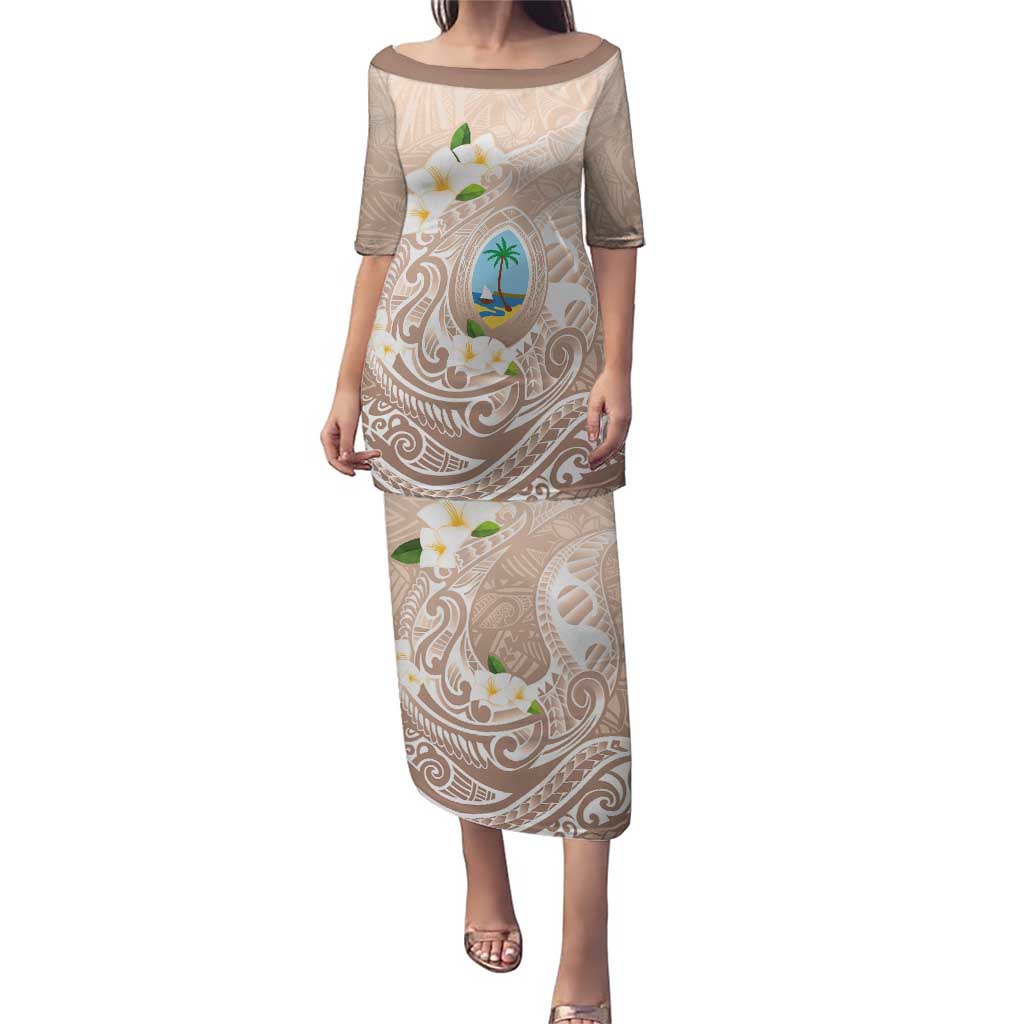 Guam Fishhook Mix Guasali Flowers Puletasi Dreaming Hazel LT7 Long Dress Beige - Polynesian Pride