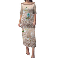 Guam Fishhook Mix Guasali Flowers Puletasi Dreaming Hazel LT7 Long Dress Beige - Polynesian Pride
