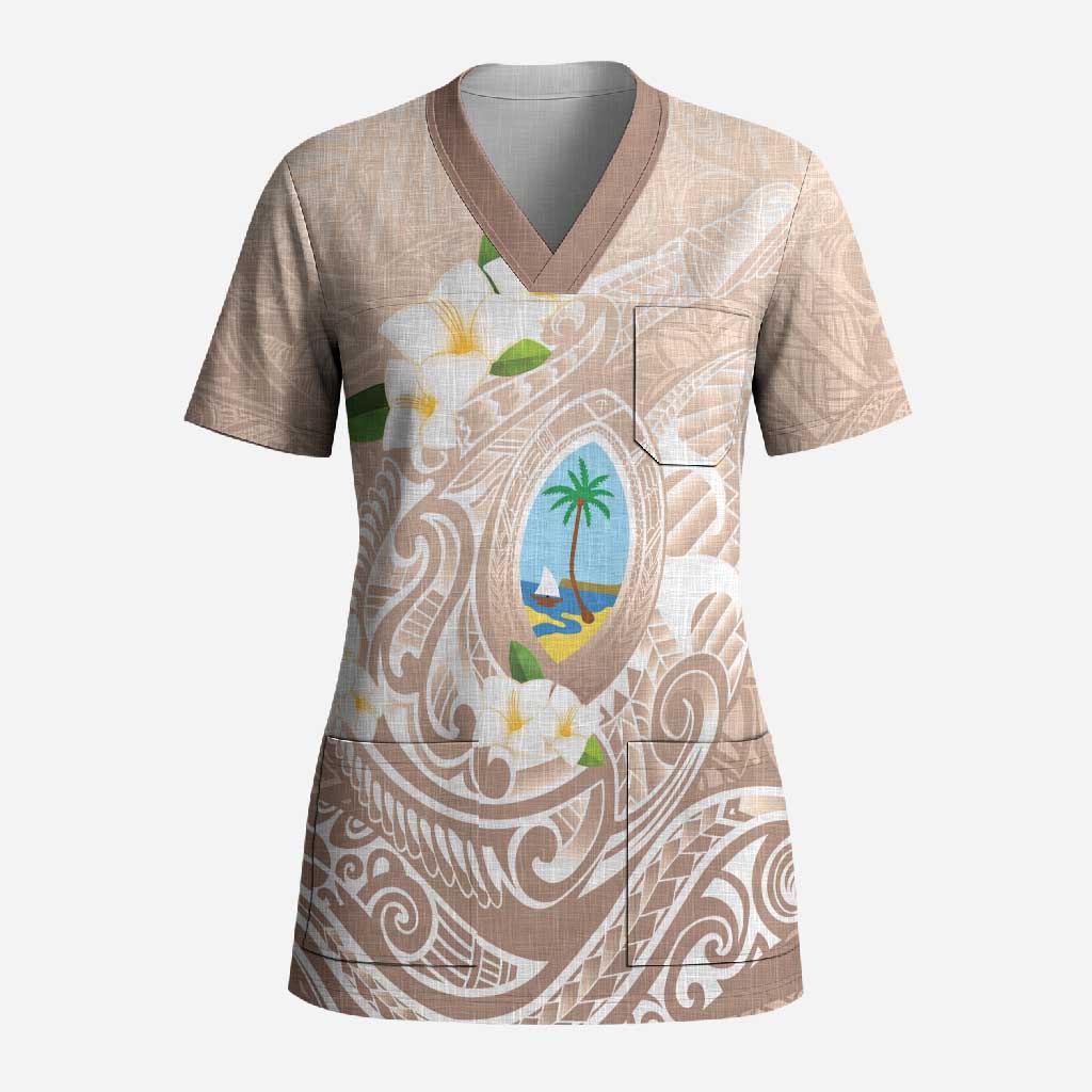 Guam Fishhook Mix Guasali Flowers Scrub Top Dreaming Hazel LT7 Adult Beige - Polynesian Pride