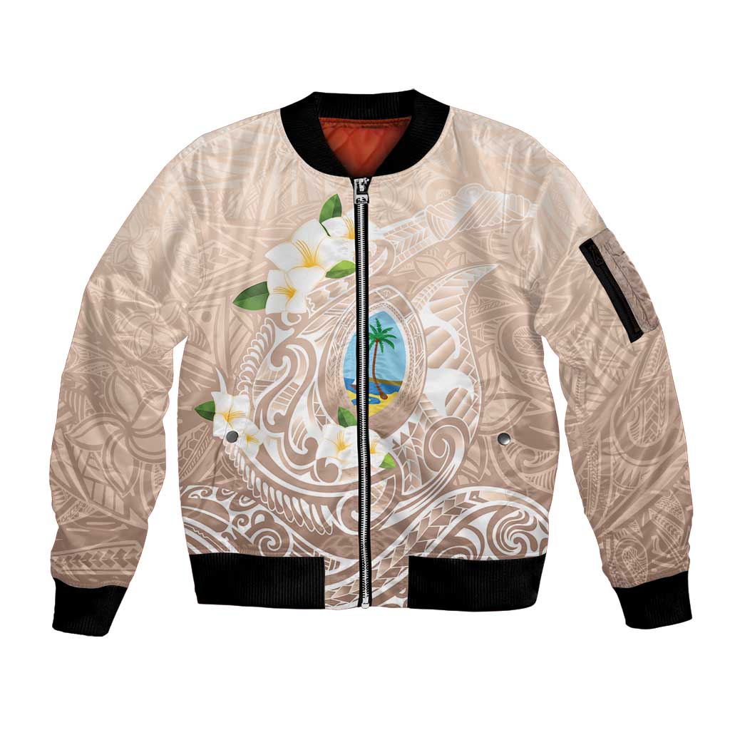 Guam Fishhook Mix Guasali Flowers Sleeve Zip Bomber Jacket Dreaming Hazel LT7 Unisex Beige - Polynesian Pride