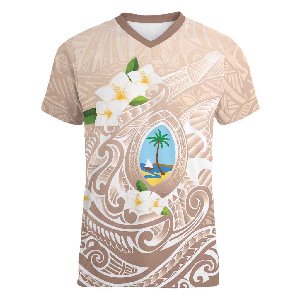 Guam Fishhook Mix Guasali Flowers Women V-Neck T-Shirt Dreaming Hazel LT7 Female Beige - Polynesian Pride