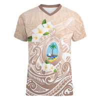 Guam Fishhook Mix Guasali Flowers Women V-Neck T-Shirt Dreaming Hazel LT7 Female Beige - Polynesian Pride
