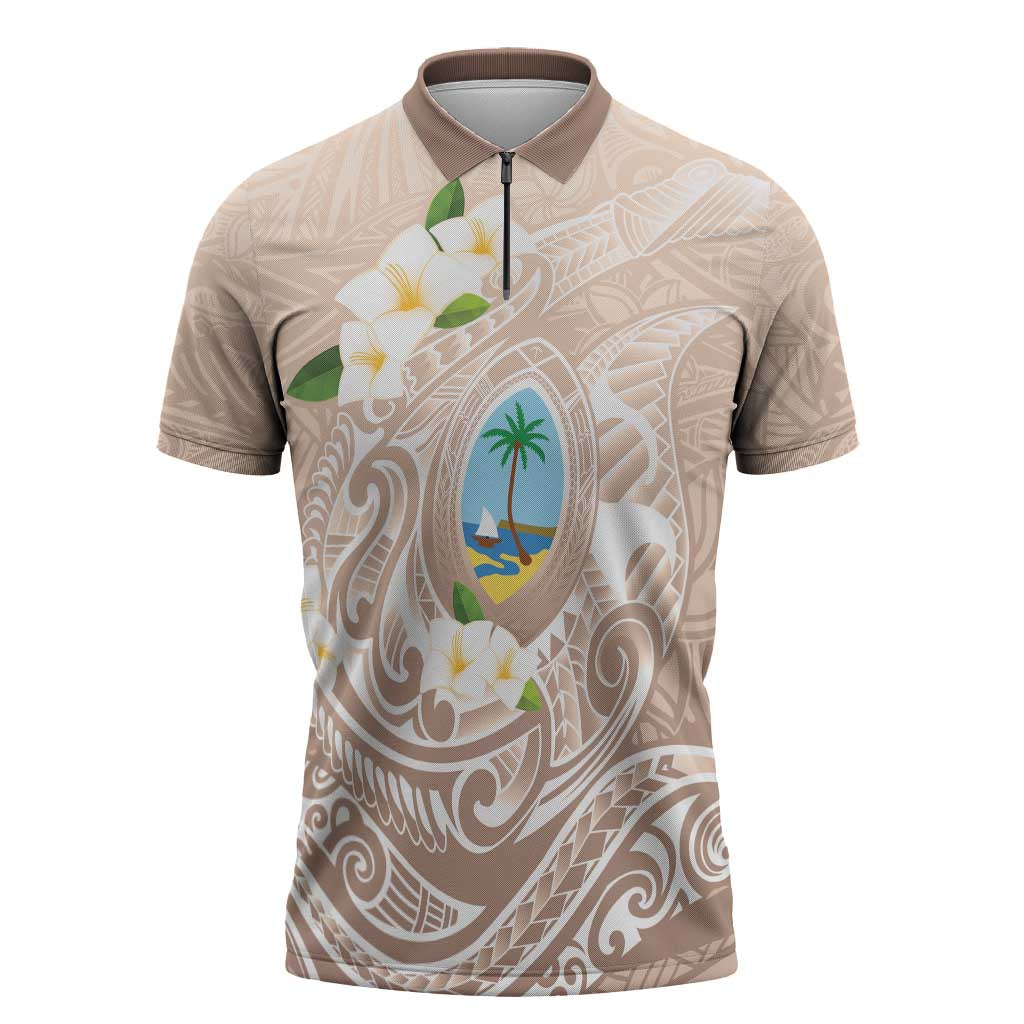 Guam Fishhook Mix Guasali Flowers Zipper Polo Shirt Dreaming Hazel LT7 Beige - Polynesian Pride