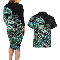 Maori Matariki - Manaia Couples Matching Long Sleeve Bodycon Dress and Hawaiian Shirt Emerald Paua Shell