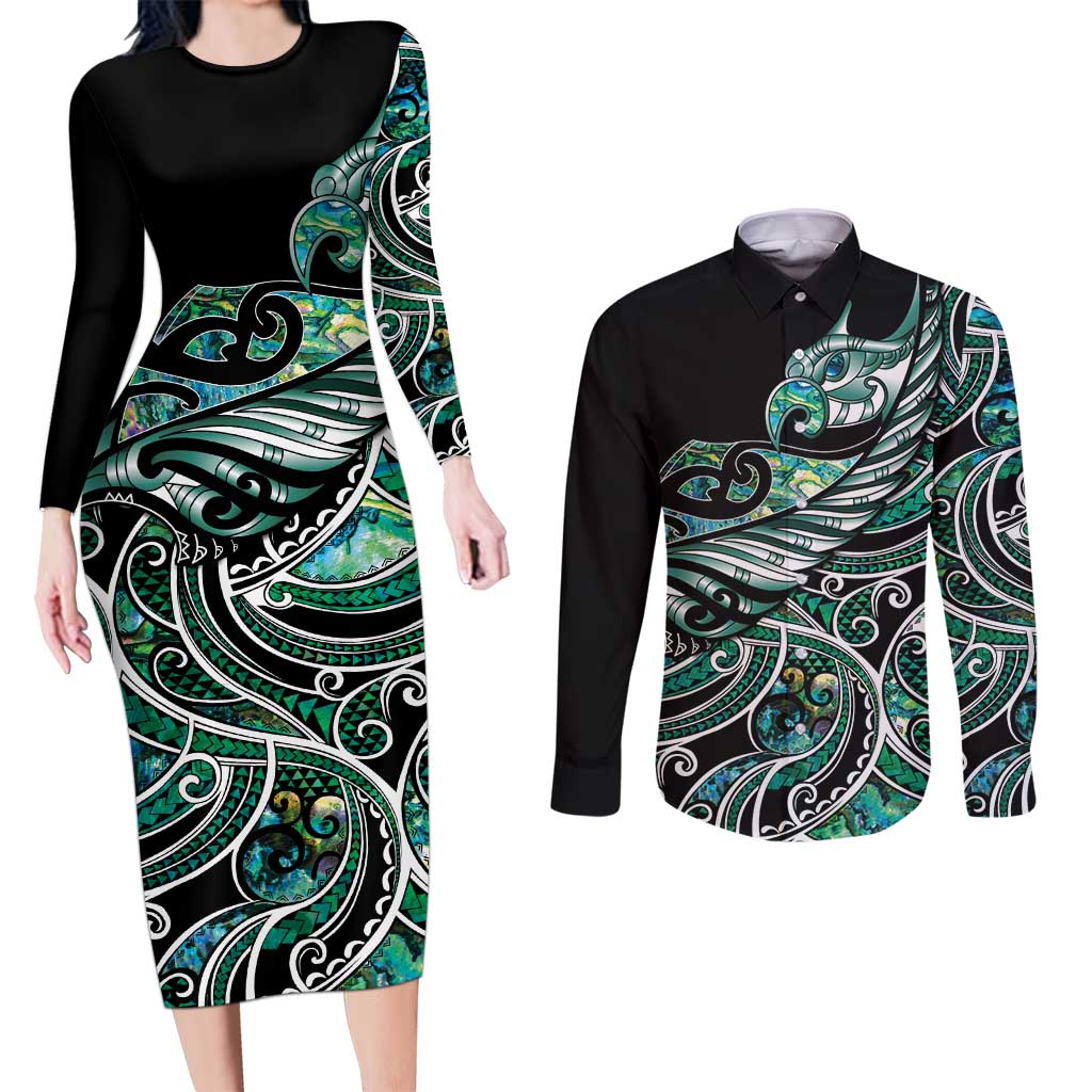 Maori Matariki - Manaia Couples Matching Long Sleeve Bodycon Dress and Long Sleeve Button Shirt Emerald Paua Shell LT7 Green - Polynesian Pride