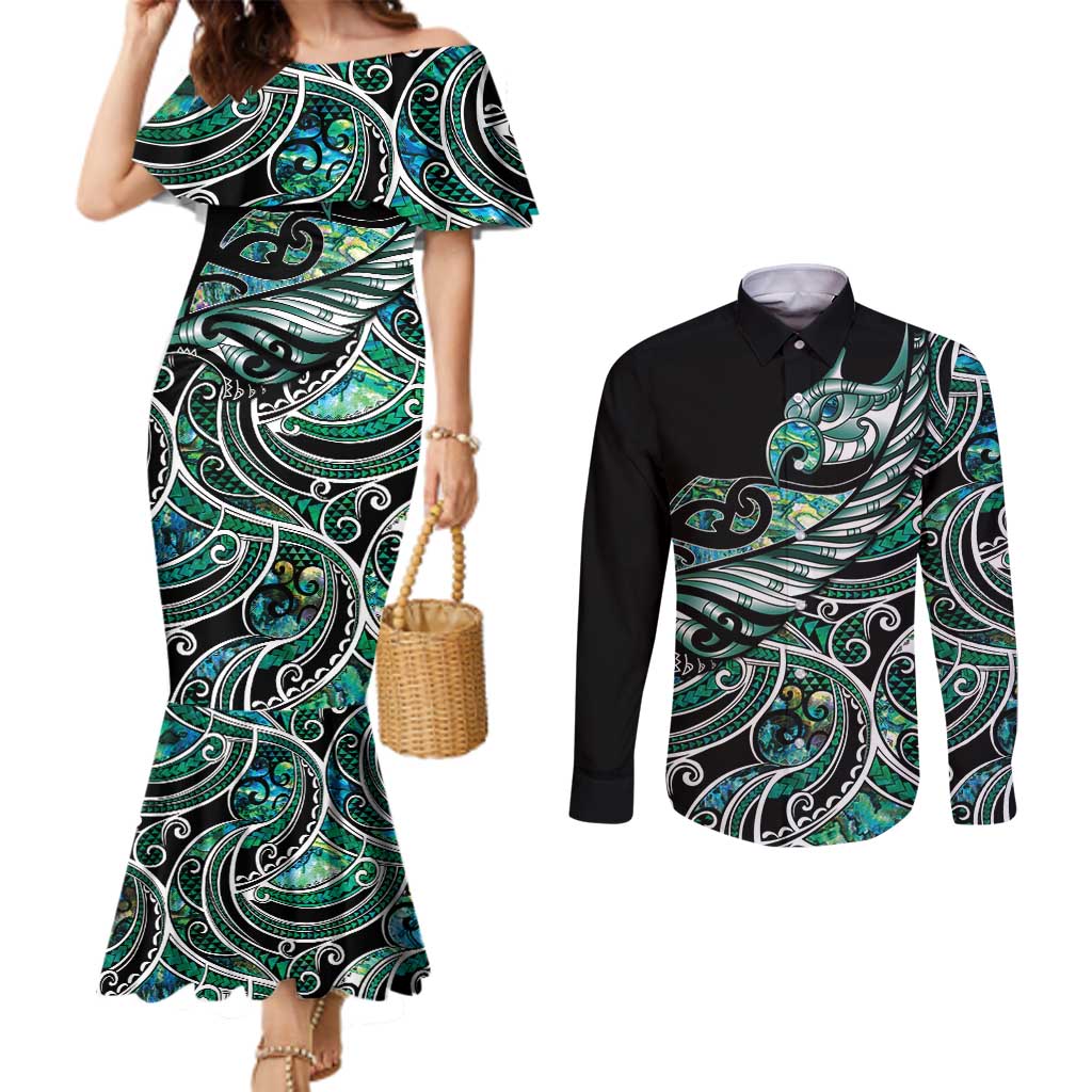 Maori Matariki - Manaia Couples Matching Mermaid Dress and Long Sleeve Button Shirt Emerald Paua Shell LT7 Green - Polynesian Pride