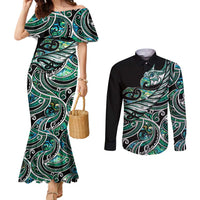 Maori Matariki - Manaia Couples Matching Mermaid Dress and Long Sleeve Button Shirt Emerald Paua Shell LT7 Green - Polynesian Pride