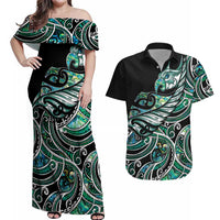 Maori Matariki - Manaia Couples Matching Off Shoulder Maxi Dress and Hawaiian Shirt Emerald Paua Shell LT7 Green - Polynesian Pride