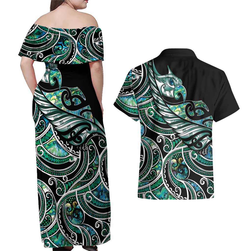 Maori Matariki - Manaia Couples Matching Off Shoulder Maxi Dress and Hawaiian Shirt Emerald Paua Shell LT7 - Polynesian Pride