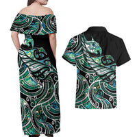 Maori Matariki - Manaia Couples Matching Off Shoulder Maxi Dress and Hawaiian Shirt Emerald Paua Shell LT7 - Polynesian Pride