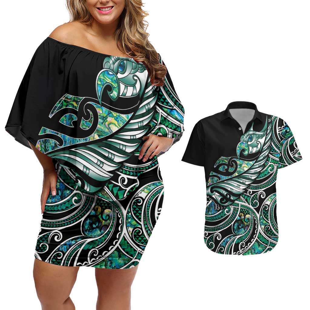 Maori Matariki - Manaia Couples Matching Off Shoulder Short Dress and Hawaiian Shirt Emerald Paua Shell LT7 Green - Polynesian Pride