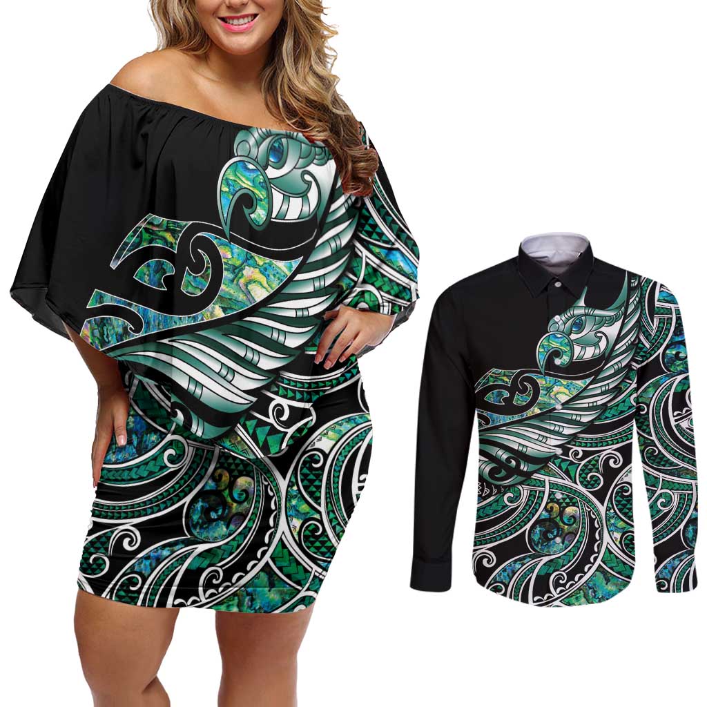Maori Matariki - Manaia Couples Matching Off Shoulder Short Dress and Long Sleeve Button Shirt Emerald Paua Shell LT7 Green - Polynesian Pride
