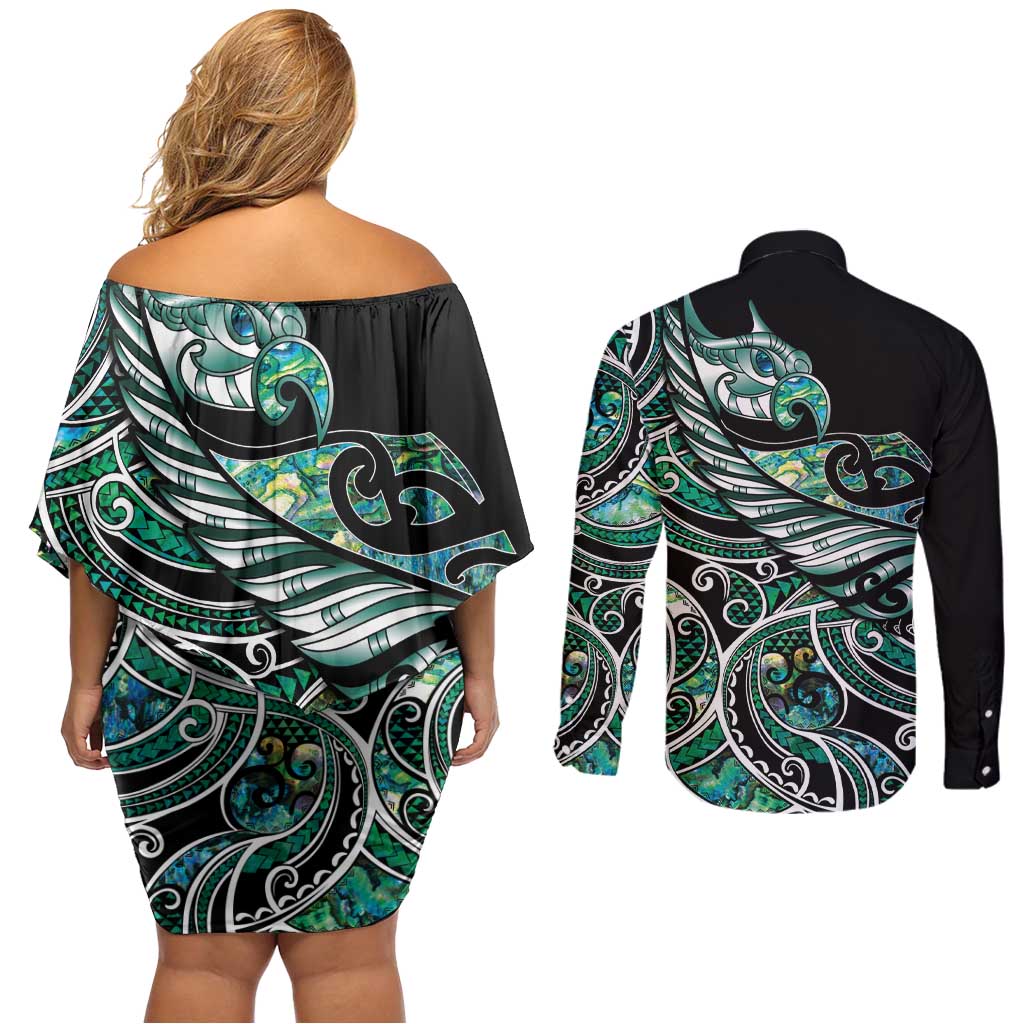 Maori Matariki - Manaia Couples Matching Off Shoulder Short Dress and Long Sleeve Button Shirt Emerald Paua Shell LT7 - Polynesian Pride