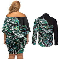 Maori Matariki - Manaia Couples Matching Off Shoulder Short Dress and Long Sleeve Button Shirt Emerald Paua Shell LT7 - Polynesian Pride