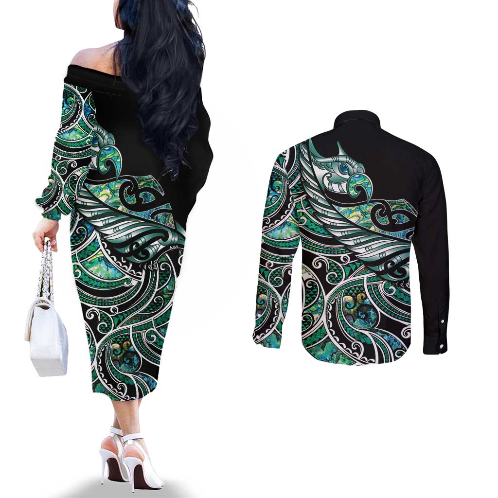 Maori Matariki - Manaia Couples Matching Off The Shoulder Long Sleeve Dress and Long Sleeve Button Shirt Emerald Paua Shell LT7 - Polynesian Pride