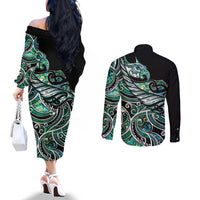 Maori Matariki - Manaia Couples Matching Off The Shoulder Long Sleeve Dress and Long Sleeve Button Shirt Emerald Paua Shell LT7 - Polynesian Pride