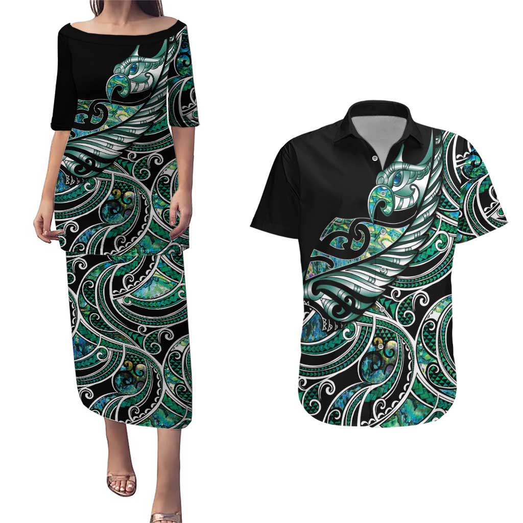 Maori Matariki - Manaia Couples Matching Puletasi and Hawaiian Shirt Emerald Paua Shell LT7 Green - Polynesian Pride