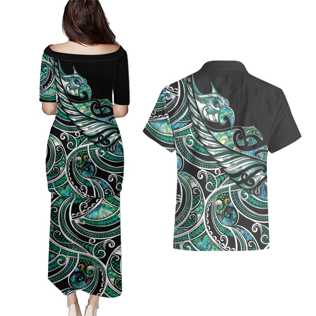 Maori Matariki - Manaia Couples Matching Puletasi and Hawaiian Shirt Emerald Paua Shell LT7 - Polynesian Pride