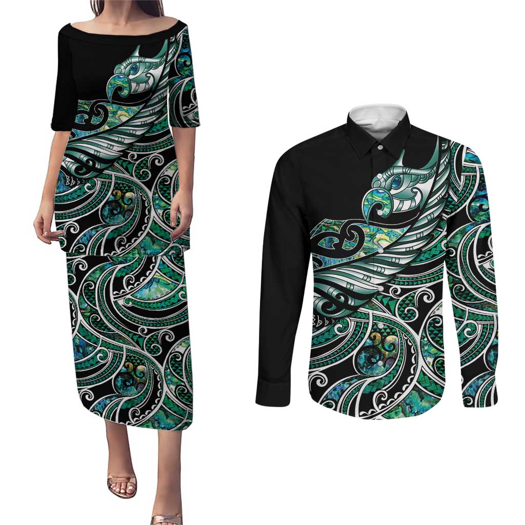 Maori Matariki - Manaia Couples Matching Puletasi and Long Sleeve Button Shirt Emerald Paua Shell LT7 Green - Polynesian Pride