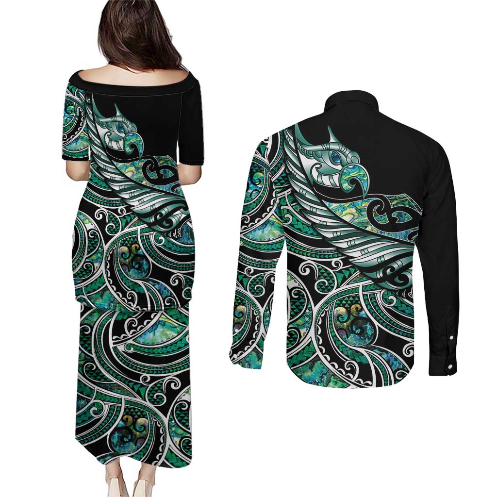 Maori Matariki - Manaia Couples Matching Puletasi and Long Sleeve Button Shirt Emerald Paua Shell LT7 - Polynesian Pride