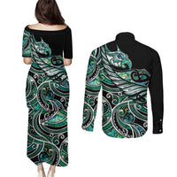 Maori Matariki - Manaia Couples Matching Puletasi and Long Sleeve Button Shirt Emerald Paua Shell LT7 - Polynesian Pride