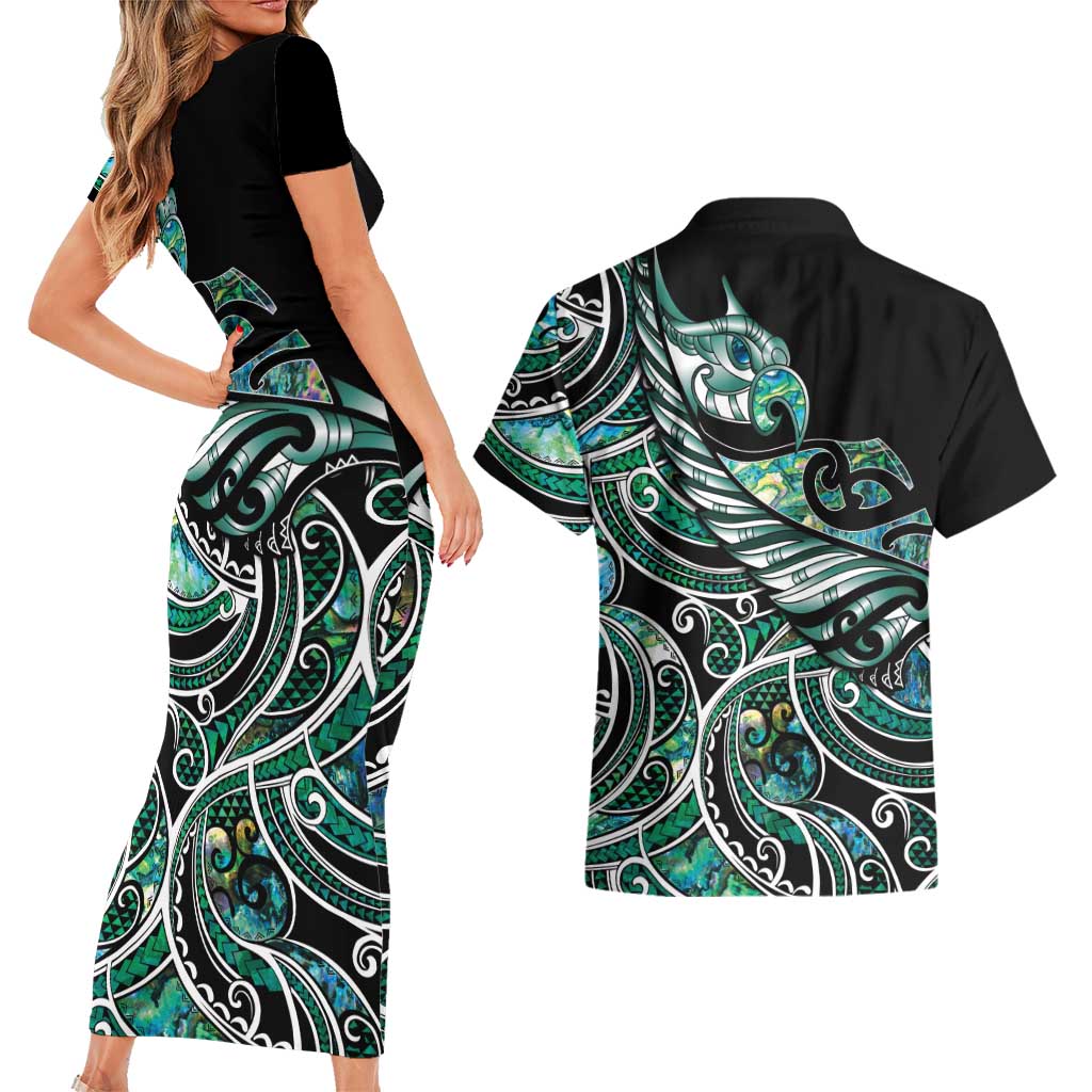 Maori Matariki - Manaia Couples Matching Short Sleeve Bodycon Dress and Hawaiian Shirt Emerald Paua Shell LT7 - Polynesian Pride