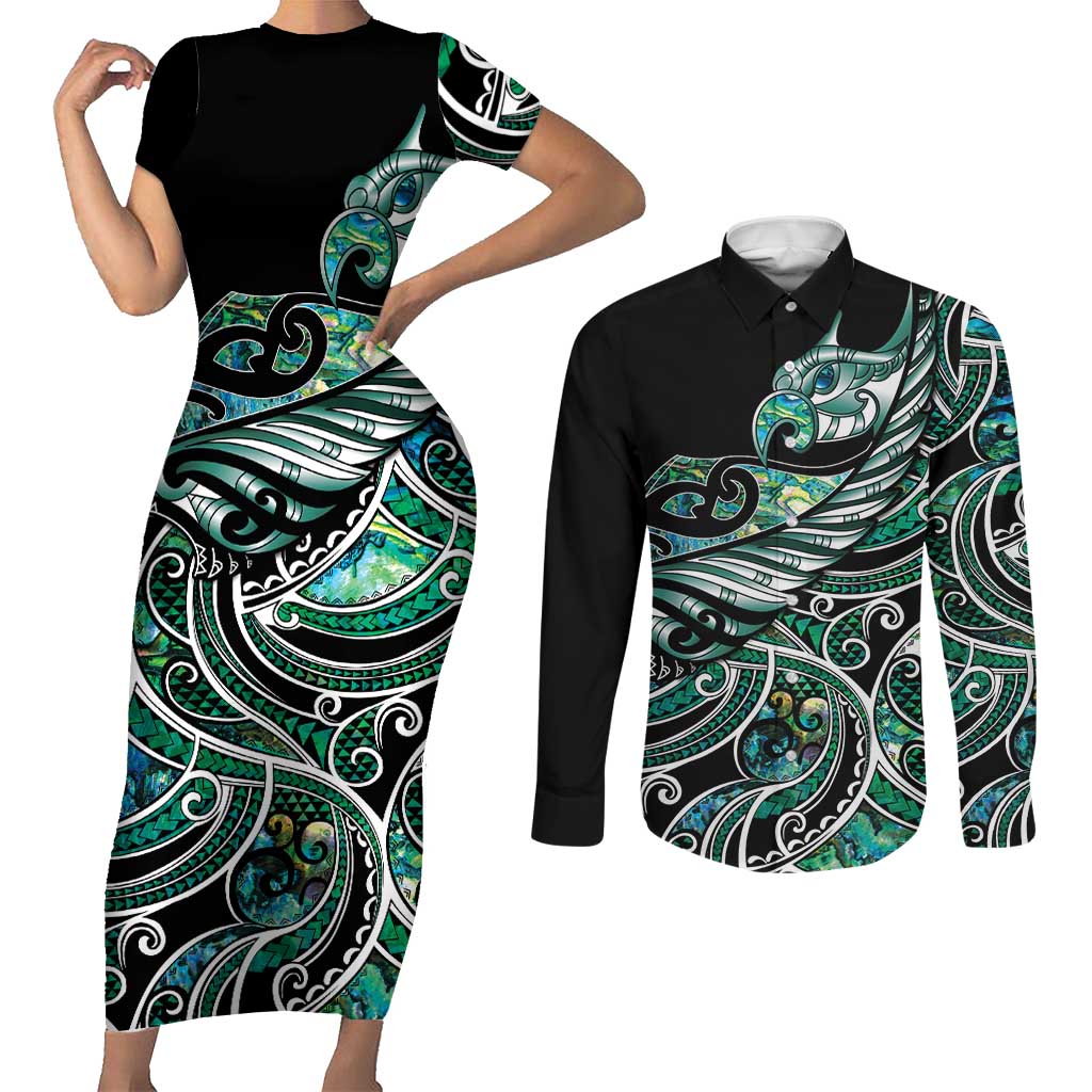 Maori Matariki - Manaia Couples Matching Short Sleeve Bodycon Dress and Long Sleeve Button Shirt Emerald Paua Shell LT7 Green - Polynesian Pride