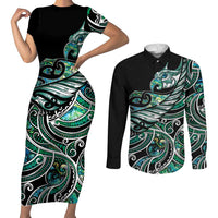 Maori Matariki - Manaia Couples Matching Short Sleeve Bodycon Dress and Long Sleeve Button Shirt Emerald Paua Shell