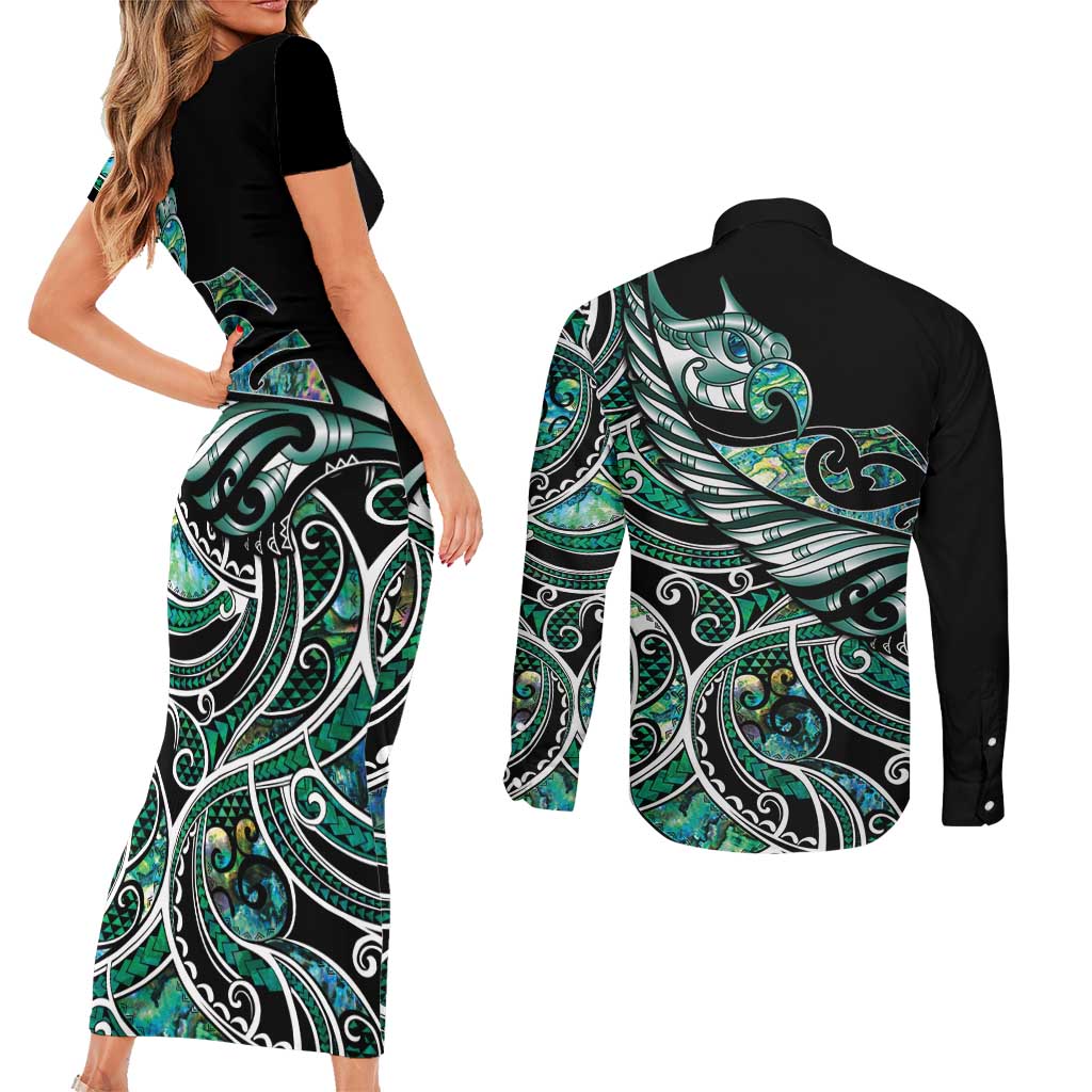 Maori Matariki - Manaia Couples Matching Short Sleeve Bodycon Dress and Long Sleeve Button Shirt Emerald Paua Shell