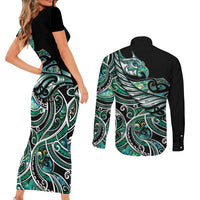 Maori Matariki - Manaia Couples Matching Short Sleeve Bodycon Dress and Long Sleeve Button Shirt Emerald Paua Shell
