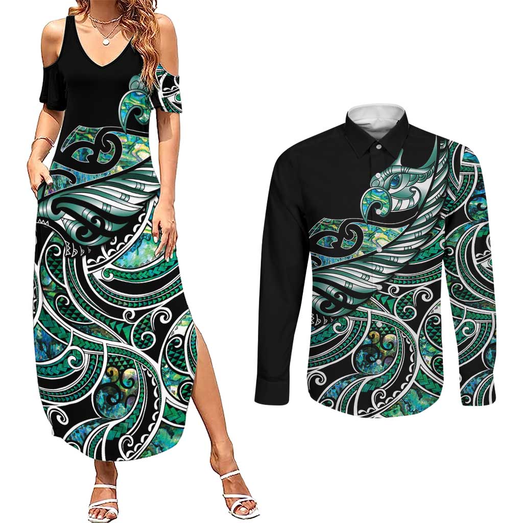 Maori Matariki - Manaia Couples Matching Summer Maxi Dress and Long Sleeve Button Shirt Emerald Paua Shell LT7 Green - Polynesian Pride