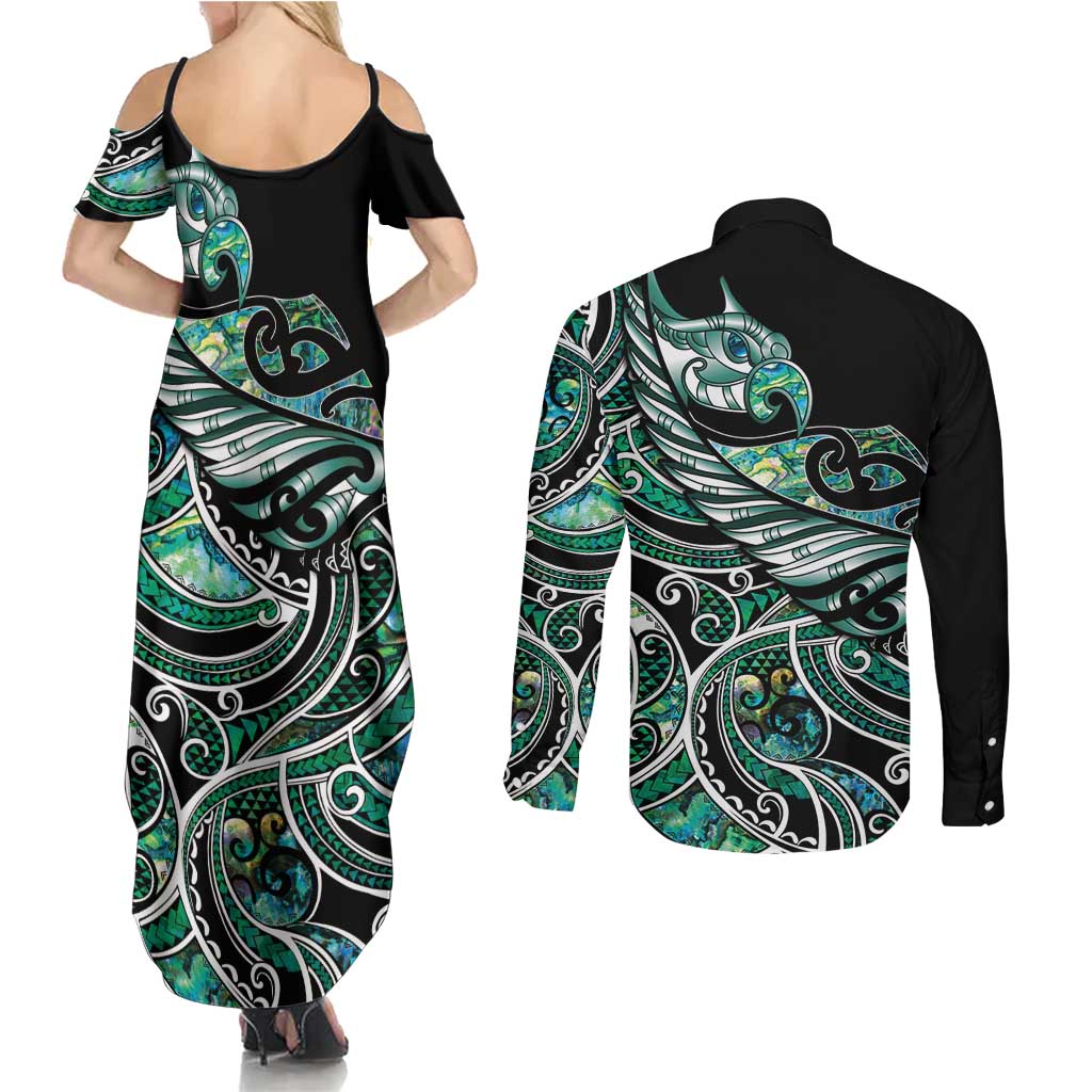 Maori Matariki - Manaia Couples Matching Summer Maxi Dress and Long Sleeve Button Shirt Emerald Paua Shell LT7 - Polynesian Pride
