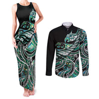 Maori Matariki - Manaia Couples Matching Tank Maxi Dress and Long Sleeve Button Shirt Emerald Paua Shell LT7 Green - Polynesian Pride