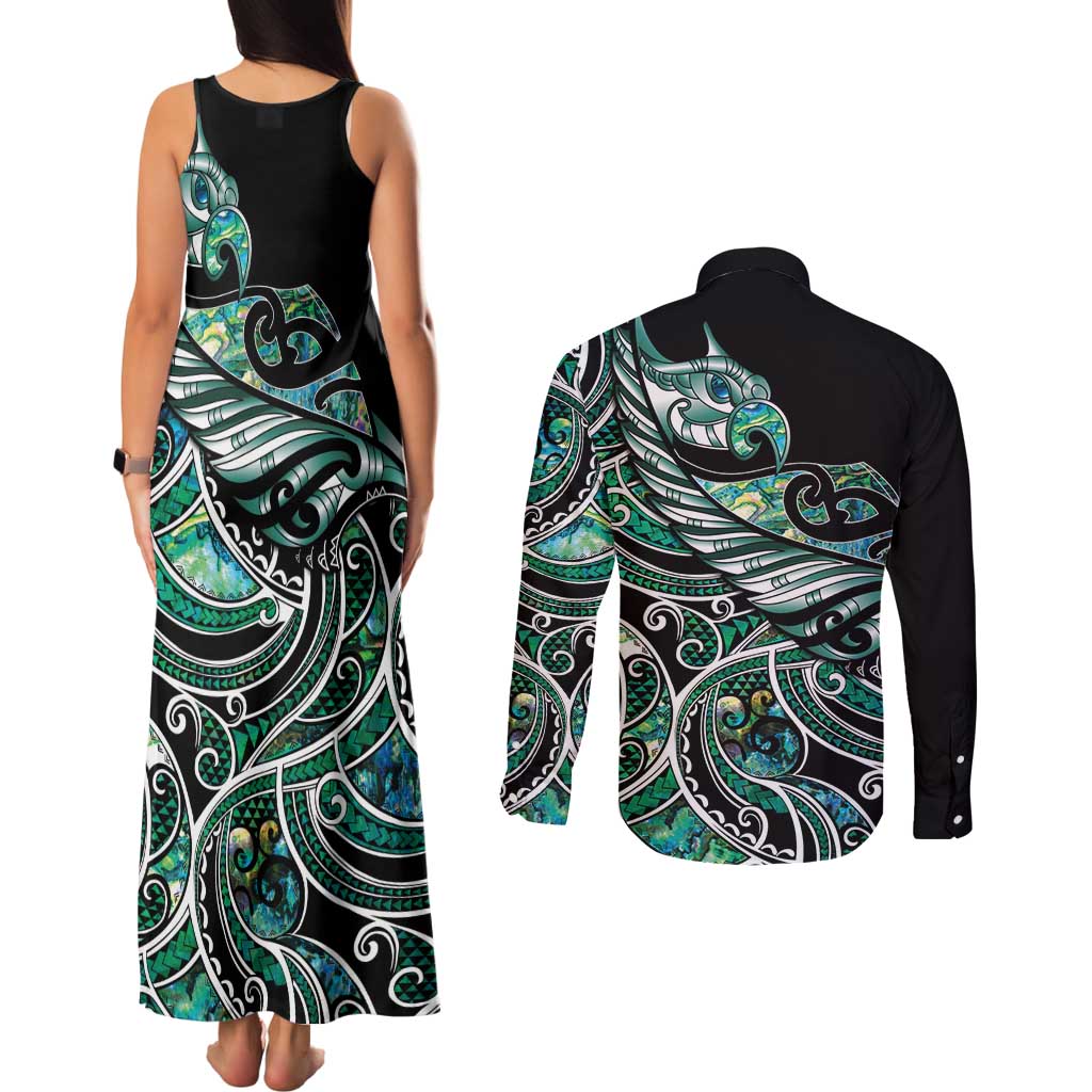 Maori Matariki - Manaia Couples Matching Tank Maxi Dress and Long Sleeve Button Shirt Emerald Paua Shell LT7 - Polynesian Pride