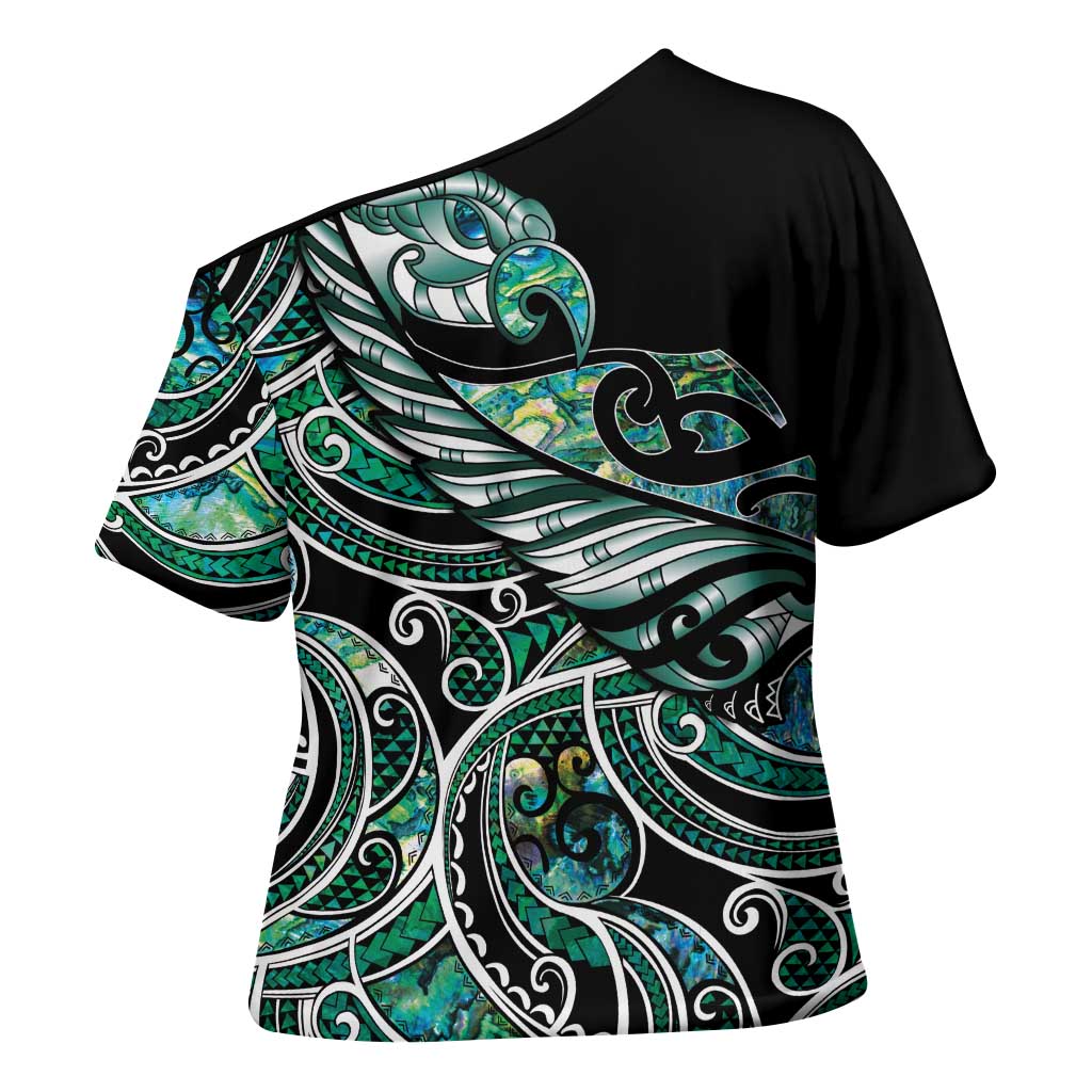 Maori Matariki - Manaia Cross Shoulder Shirt Emerald Paua Shell LT7 - Polynesian Pride