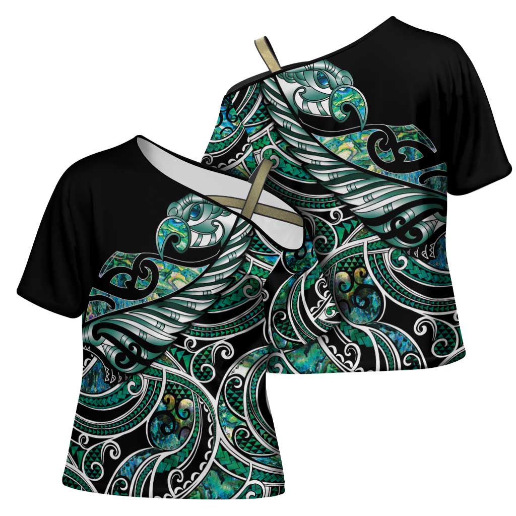 Maori Matariki - Manaia Cross Shoulder Shirt Emerald Paua Shell LT7 - Polynesian Pride