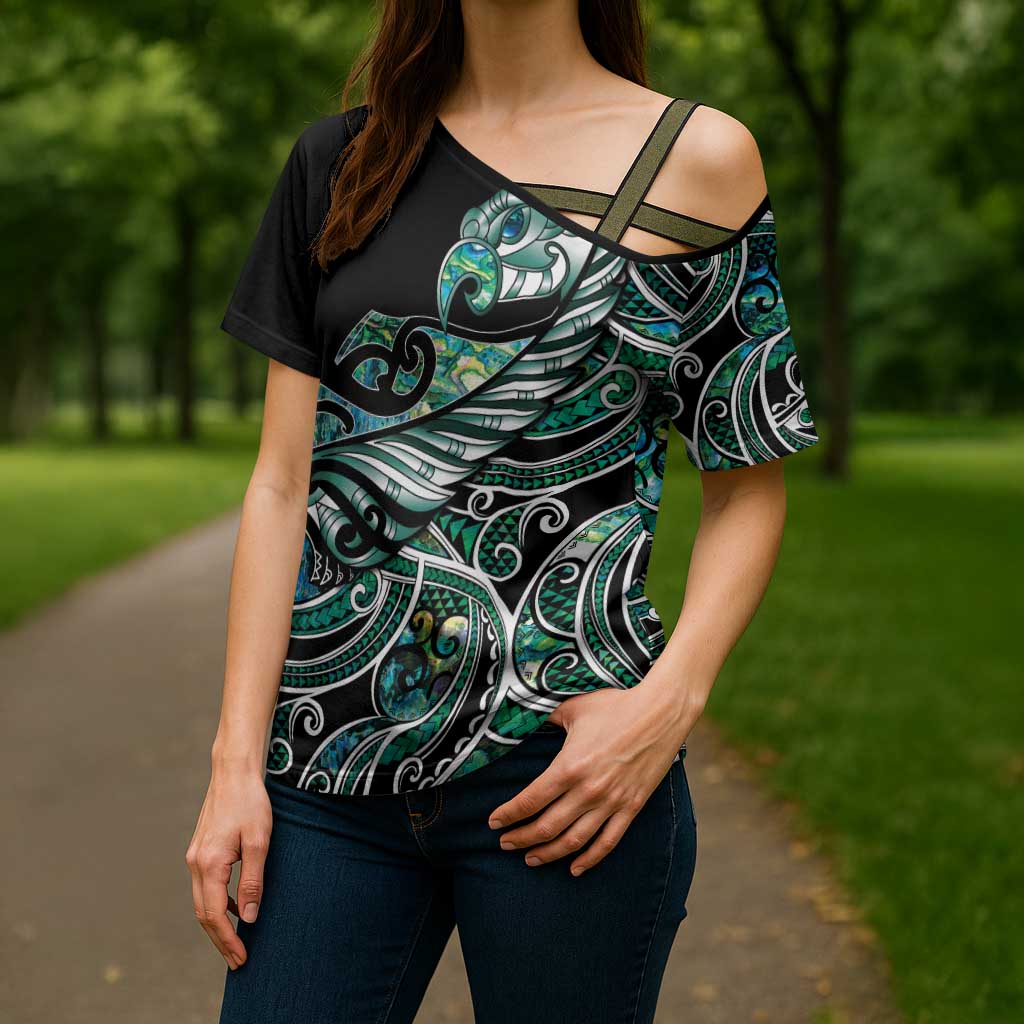 Maori Matariki - Manaia Cross Shoulder Shirt Emerald Paua Shell LT7 - Polynesian Pride