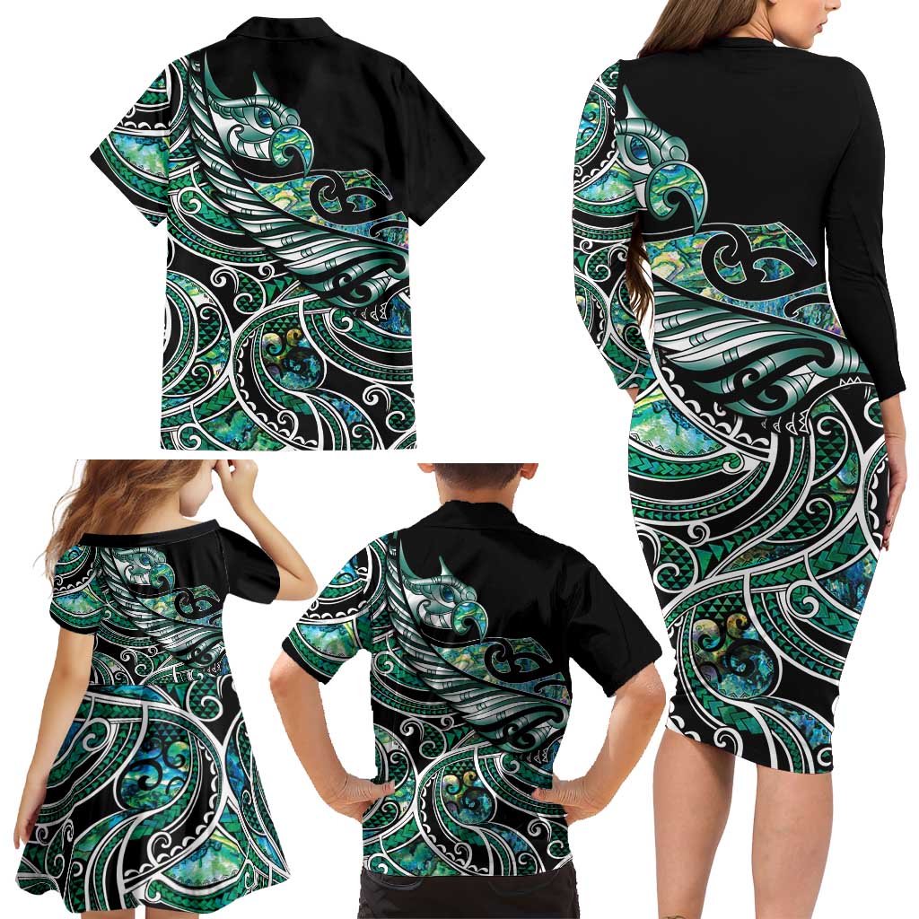 Maori Matariki - Manaia Family Matching Long Sleeve Bodycon Dress and Hawaiian Shirt Emerald Paua Shell