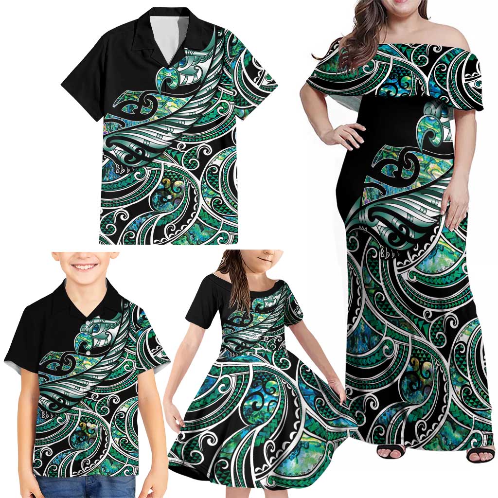 Maori Matariki - Manaia Family Matching Off Shoulder Maxi Dress and Hawaiian Shirt Emerald Paua Shell LT7 - Polynesian Pride