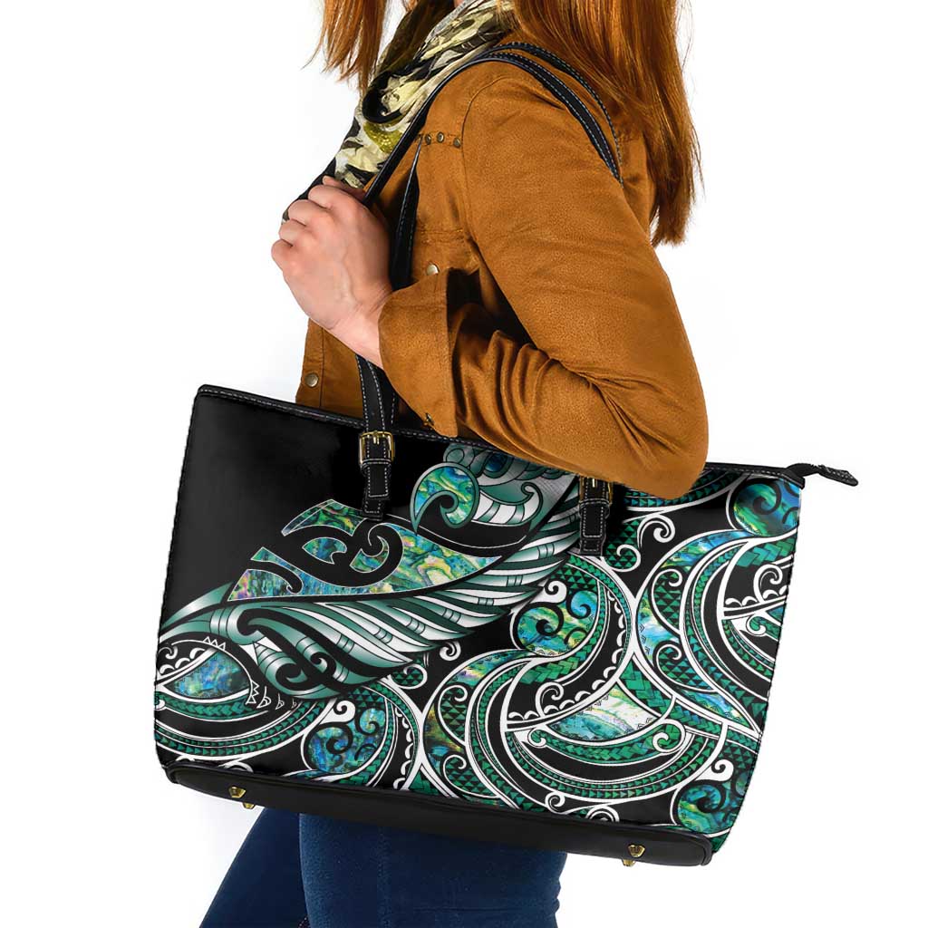 Maori Matariki - Manaia Leather Tote Bag Emerald Paua Shell LT7 Green - Polynesian Pride