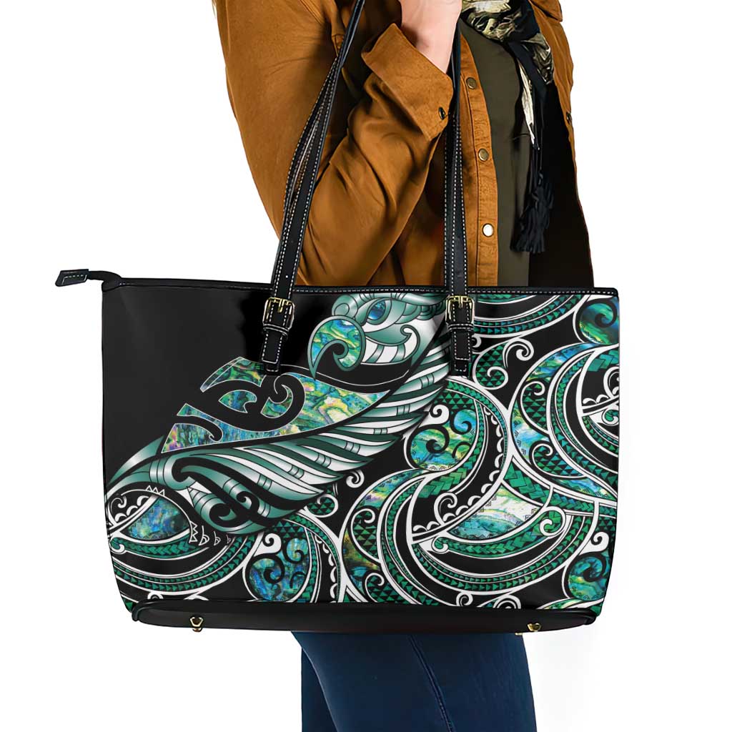 Maori Matariki - Manaia Leather Tote Bag Emerald Paua Shell LT7 - Polynesian Pride