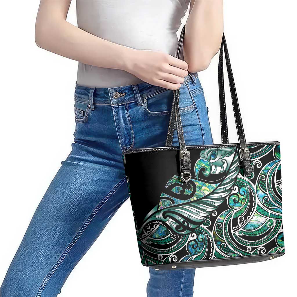 Maori Matariki - Manaia Leather Tote Bag Emerald Paua Shell LT7 - Polynesian Pride