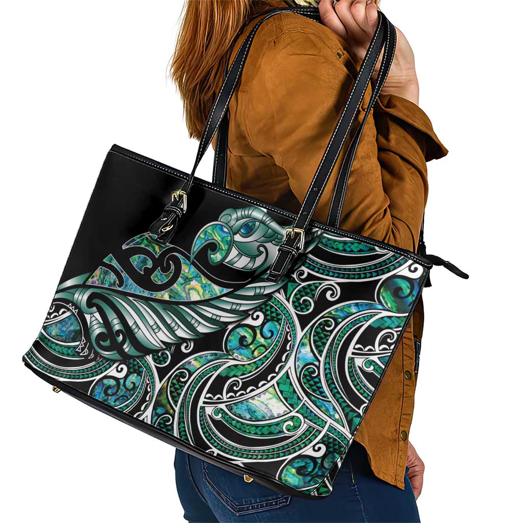 Maori Matariki - Manaia Leather Tote Bag Emerald Paua Shell LT7 - Polynesian Pride