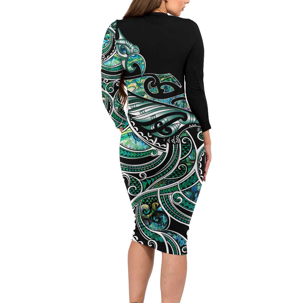 Maori Matariki - Manaia Long Sleeve Bodycon Dress Emerald Paua Shell LT7 - Polynesian Pride