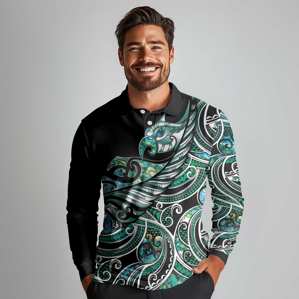 Maori Matariki - Manaia Long Sleeve Polo Shirt Emerald Paua Shell LT7 - Polynesian Pride