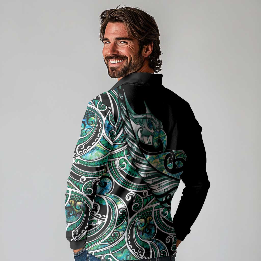 Maori Matariki - Manaia Long Sleeve Polo Shirt Emerald Paua Shell LT7 - Polynesian Pride