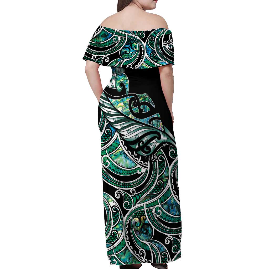 Maori Matariki - Manaia Off Shoulder Maxi Dress Emerald Paua Shell LT7 - Polynesian Pride